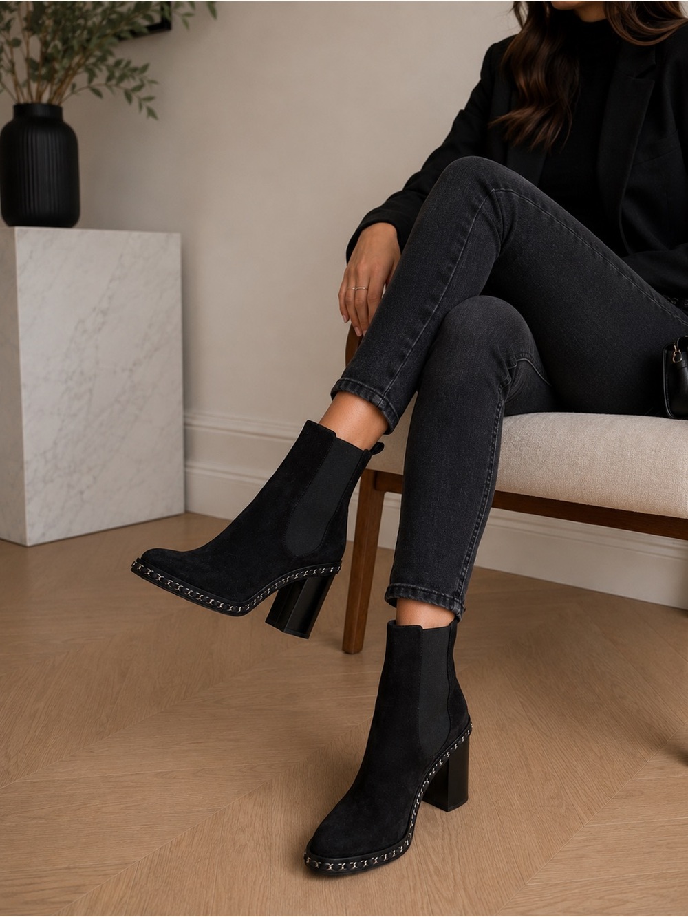 CHANEL Black Suede Chain-Trim Chelsea Ankle Boots
